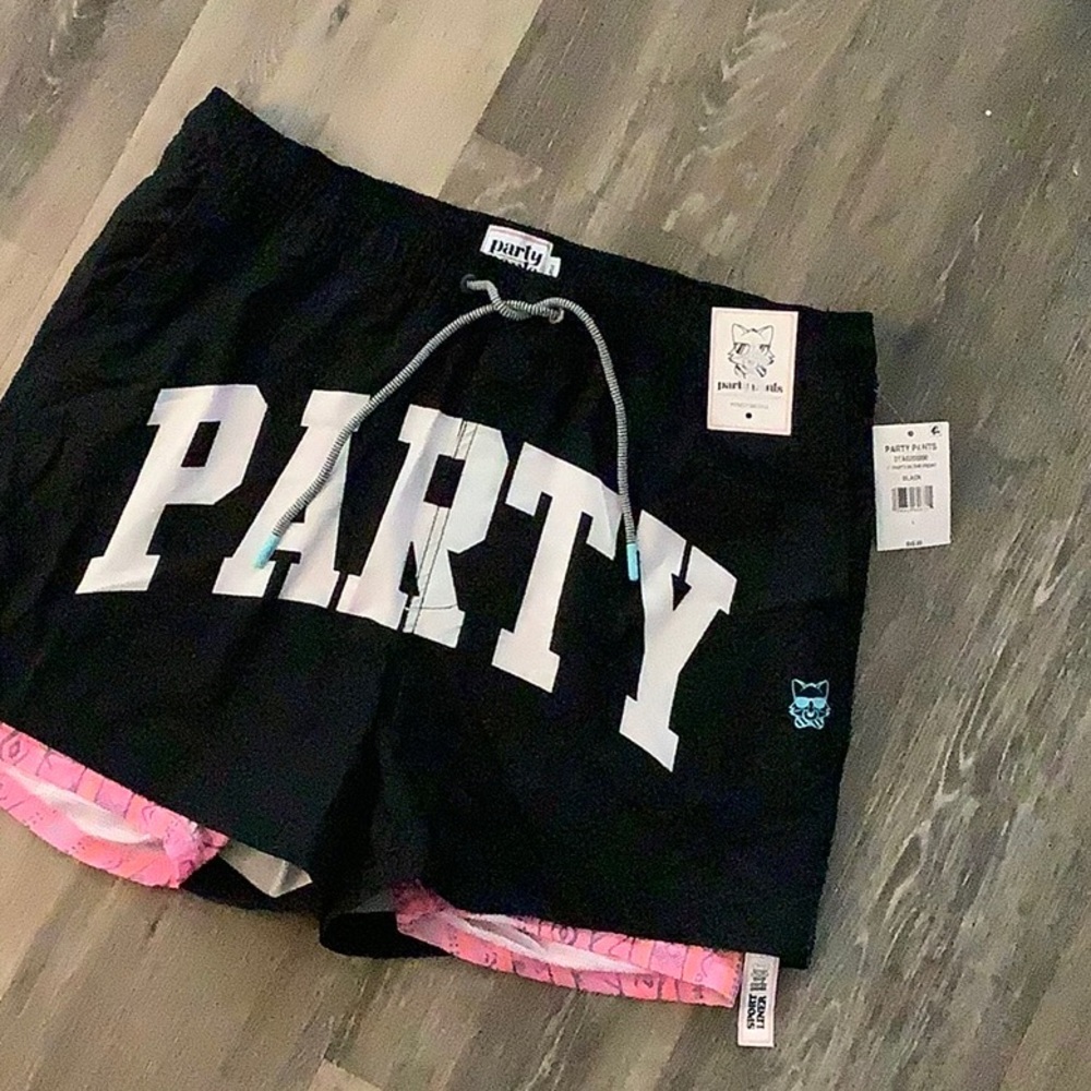 Party Pants Black 'PARTY' Graphic Swim Shorts/ Swim Trunks Sz Large NWT